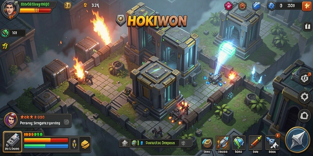Tangkapan layar HOKIWON menunjukkan aksi seru dalam permainan Tower Defense.
