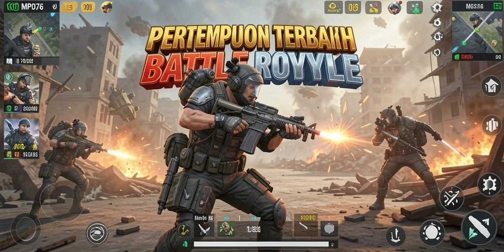 Screenshot utama MPO76 menampilkan aksi seru dalam pertempuran Battle Royale.